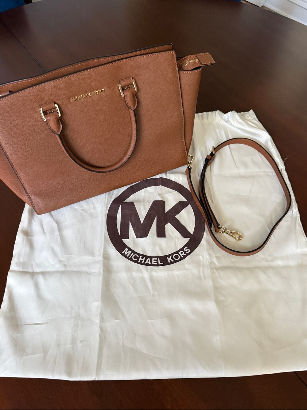 MICHAEL KORS Brown Saffiano Leather Selma Purse with Gold Hardware